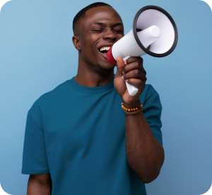 young successful handsome american guy dressed basic tshirt speaks news into megaphone