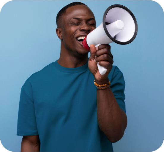 young successful handsome american guy dressed basic tshirt speaks news into megaphone - Become a partner